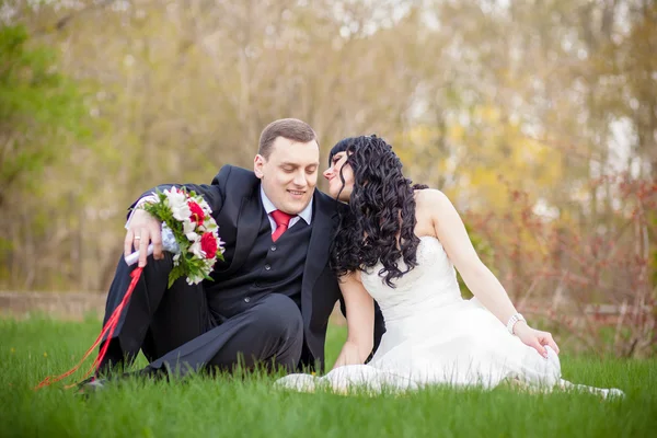 Lo sposo e la sposa in un parco verde — Foto Stock