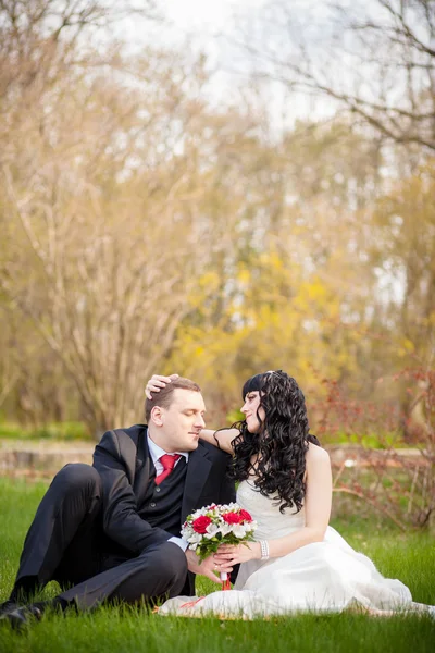 Sposa e sposo seduti sull'erba verde — Foto Stock