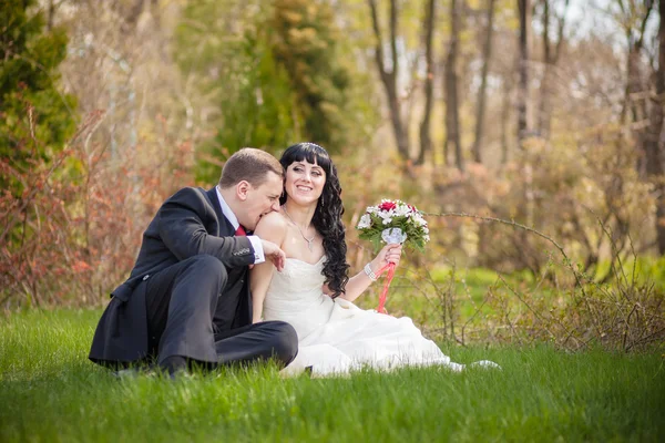 Sposa e sposo seduti sull'erba verde — Foto Stock