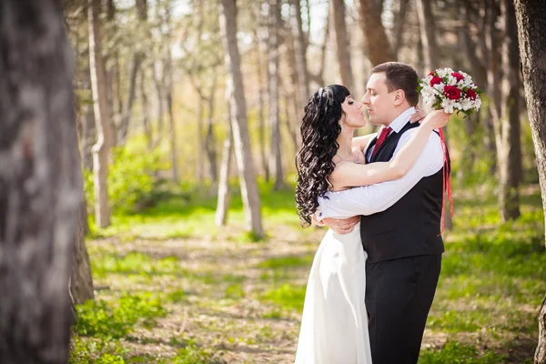 Lo sposo e la sposa in un parco verde — Foto Stock