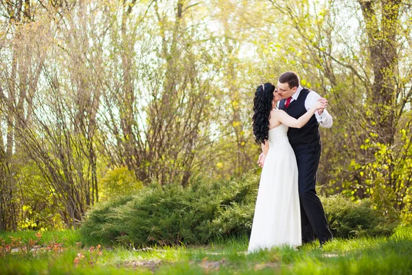 Le marié et la mariée dans un parc verdoyant — Photo