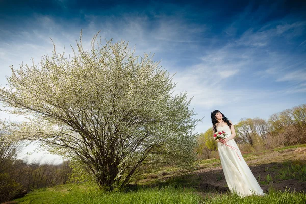 Bride and groom sitting on the green grass — Stock Photo, Image