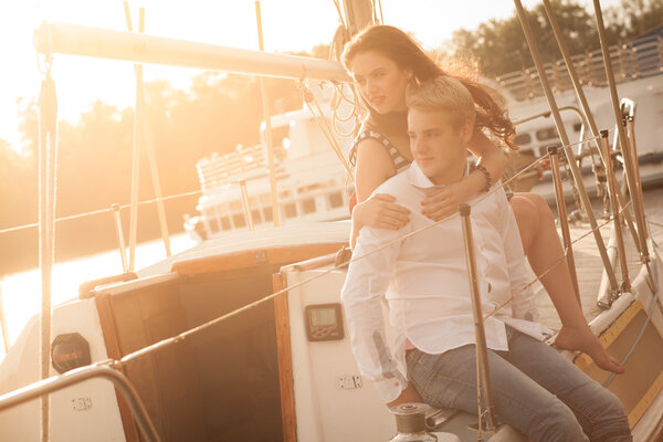 couple, yacht, sunset