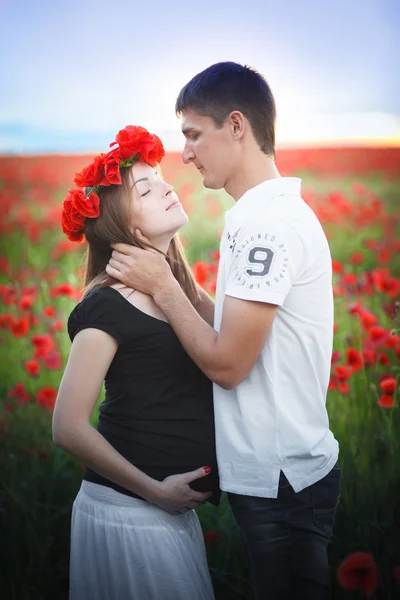 Poppy field, pregnant belly — Stock Photo, Image