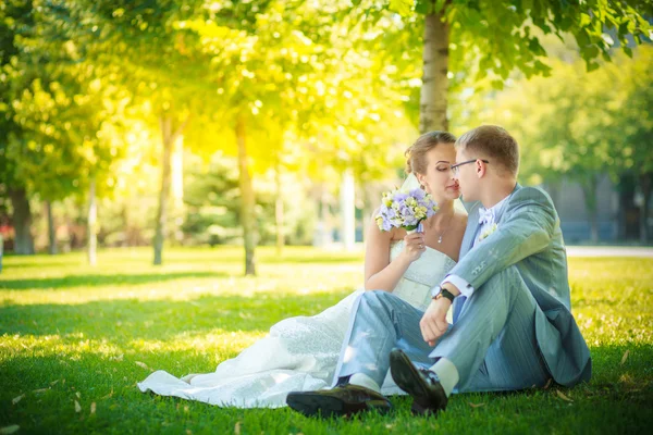 Bride and groom sitting on the lawn — Stock Photo, Image