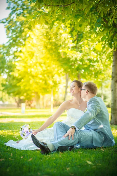 Bride and groom sitting on the lawn — Stock Photo, Image