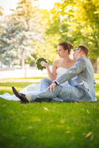 Bride and groom on the lawn — Stock Photo, Image