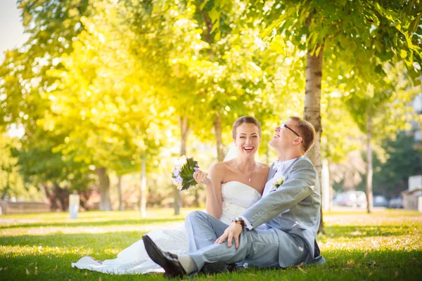 Bride and groom on the lawn — Stock Photo, Image