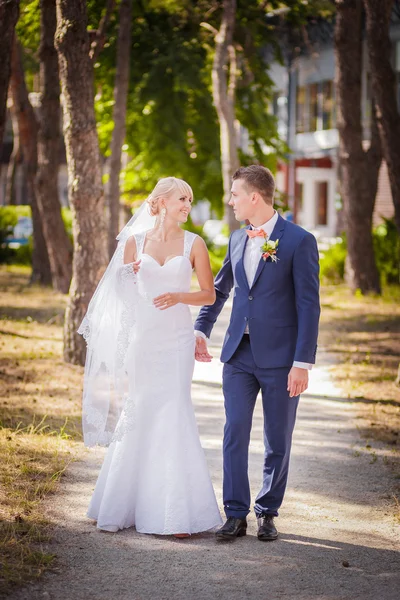Bruid en bruidegom in Wandelen zomer park — Stockfoto