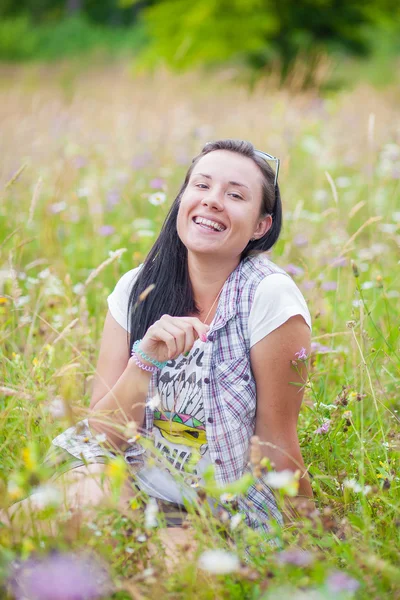 Cheerful woman wildflowers — Stock Photo, Image