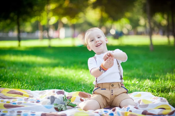 Junge hat Spaß auf dem Rasen — Stockfoto