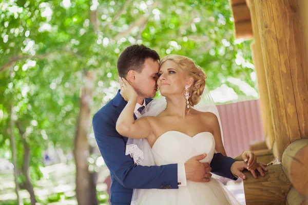 Young beautiful wedding couple in the park — Stock Photo, Image