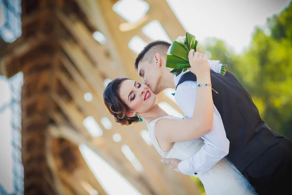 The bride and groom kiss — Stock Photo, Image