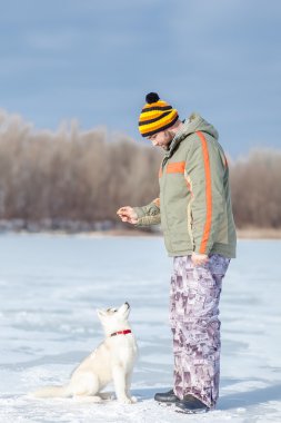 husky bir köpekle oynayan adam