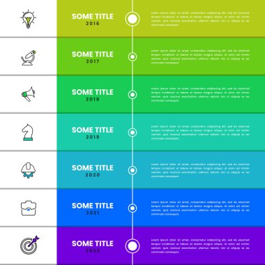 Infographic tasarım şablonu. Zaman çizelgesi kavramı ile 7 adımlar. Kullanılabilir iş akışı düzeni, diyagram, afiş, webdesign için. Vektör çizim