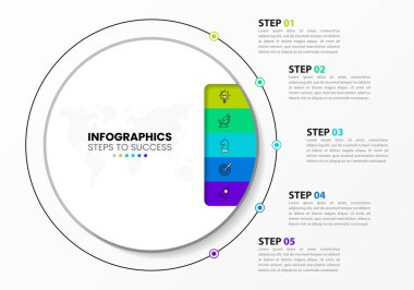 Infographic tasarım şablonu. 5 adımlı yaratıcı bir kavram. İş akışı düzeni, diyagram, pankart, web tasarımı için kullanılabilir. Vektör illüstrasyonu