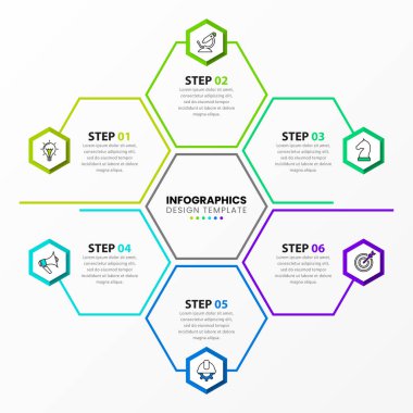 Infographic tasarım şablonu. 6 basamaklı yaratıcı bir kavram. İş akışı düzeni, diyagram, pankart, web tasarımı için kullanılabilir. Vektör illüstrasyonu