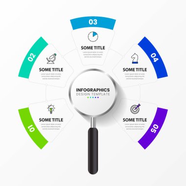 Infographic tasarım şablonu. 5 adımlı yaratıcı bir kavram. İş akışı düzeni, diyagram, pankart, web tasarımı için kullanılabilir. Vektör illüstrasyonu