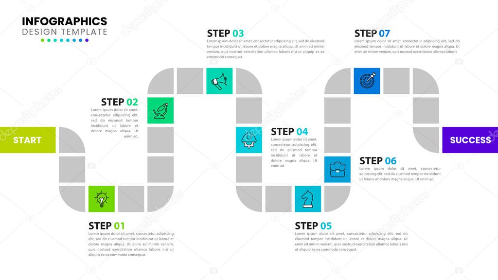 Infographic design template. Timeline concept with 7 steps. Can be used for workflow layout, diagram, banner, webdesign. Vector illustration