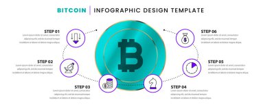 Infographic tasarım şablonu. 6 basamaklı Bitcoin konsepti. İş akışı düzeni, diyagram, pankart, web tasarımı için kullanılabilir. Vektör illüstrasyonu