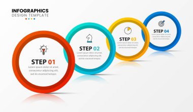 Infographic tasarım şablonu. Dört adımlı yaratıcı bir kavram. İş akışı düzeni, diyagram, pankart, web tasarımı için kullanılabilir. Vektör illüstrasyonu