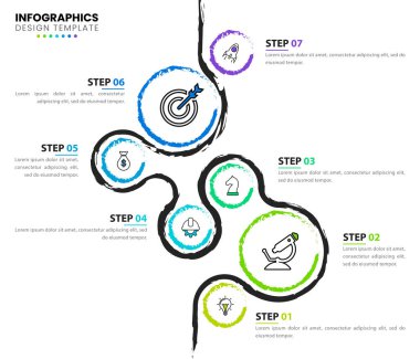 Infographic tasarım şablonu. 7 aşamalı yaratıcı bir kavram. İş akışı düzeni, diyagram, pankart, web tasarımı için kullanılabilir. Vektör illüstrasyonu