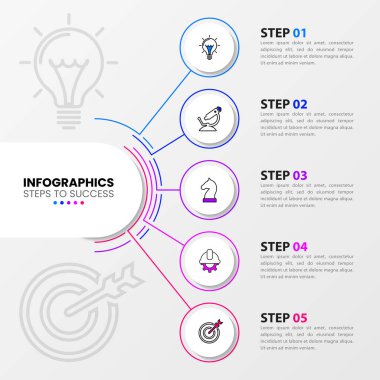 Infographic tasarım şablonu. Beş adımlı iş konsepti. İş akışı düzeni, diyagram, pankart, web tasarımı için kullanılabilir. Vektör illüstrasyonu