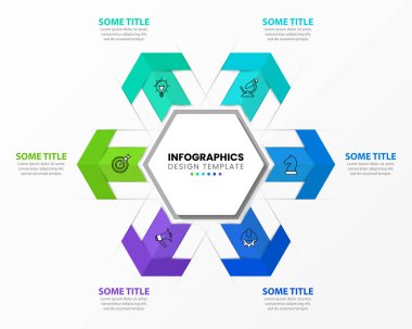 Infographic tasarım şablonu. 6 basamaklı yaratıcı bir kavram. İş akışı düzeni, diyagram, pankart, web tasarımı için kullanılabilir. Vektör illüstrasyonu