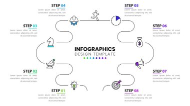 Infographic tasarım şablonu. 8 adımlı yaratıcı bir kavram. İş akışı düzeni, diyagram, pankart, web tasarımı için kullanılabilir. Vektör illüstrasyonu