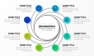 Infographic tasarım şablonu. 8 adımlı yaratıcı bir kavram. İş akışı düzeni, diyagram, pankart, web tasarımı için kullanılabilir. Vektör illüstrasyonu