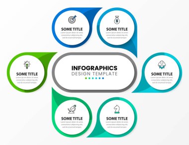 Infographic tasarım şablonu. 6 basamaklı yaratıcı bir kavram. İş akışı düzeni, diyagram, pankart, web tasarımı için kullanılabilir. Vektör illüstrasyonu