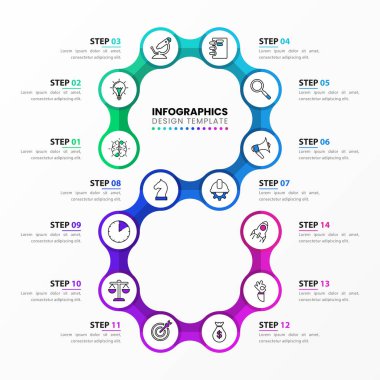 Infographic tasarım şablonu. 14 adımlı yaratıcı bir kavram. İş akışı düzeni, diyagram, pankart, web tasarımı için kullanılabilir. Vektör illüstrasyonu.