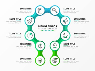 Infographic tasarım şablonu. 10 adımlı yaratıcı bir kavram. İş akışı düzeni, diyagram, pankart, web tasarımı için kullanılabilir. Vektör illüstrasyonu.