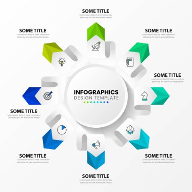 Infographic tasarım şablonu. 8 adımlı yaratıcı bir kavram. İş akışı düzeni, diyagram, pankart, web tasarımı için kullanılabilir. Vektör illüstrasyonu
