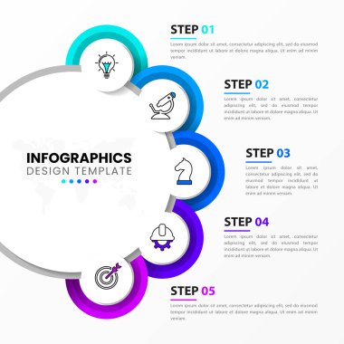 Infographic tasarım şablonu. 5 adımlı yaratıcı bir kavram. İş akışı düzeni, diyagram, pankart, web tasarımı için kullanılabilir. Vektör illüstrasyonu.