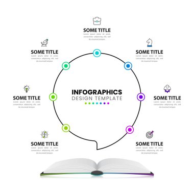 Infographic tasarım şablonu. 7 aşamalı yaratıcı bir kavram. İş akışı düzeni, diyagram, pankart, web tasarımı için kullanılabilir. Vektör illüstrasyonu