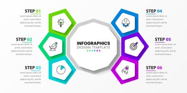 Infographic tasarım şablonu. 6 basamaklı yaratıcı bir kavram. İş akışı düzeni, diyagram, pankart, web tasarımı için kullanılabilir. Vektör illüstrasyonu.