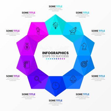 Infographic tasarım şablonu. 10 adımlı yaratıcı bir kavram. İş akışı düzeni, diyagram, pankart, web tasarımı için kullanılabilir. Vektör illüstrasyonu.