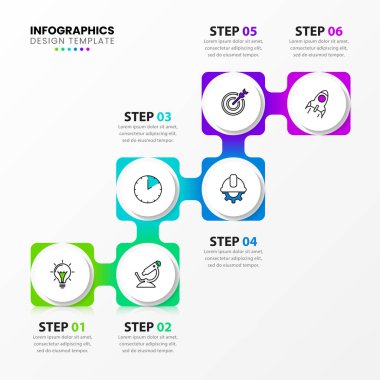 Infographic tasarım şablonu. 6 basamaklı yaratıcı bir kavram. İş akışı düzeni, diyagram, pankart, web tasarımı için kullanılabilir. Vektör illüstrasyonu