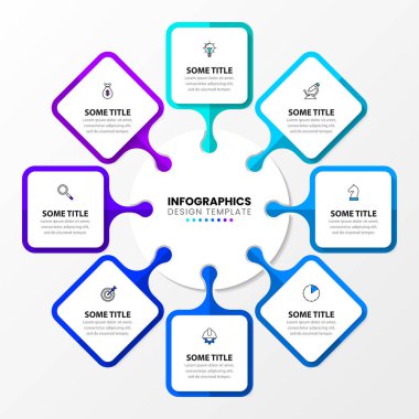 Infographic tasarım şablonu. 8 adımlı yaratıcı bir kavram. İş akışı düzeni, diyagram, pankart, web tasarımı için kullanılabilir. Vektör illüstrasyonu