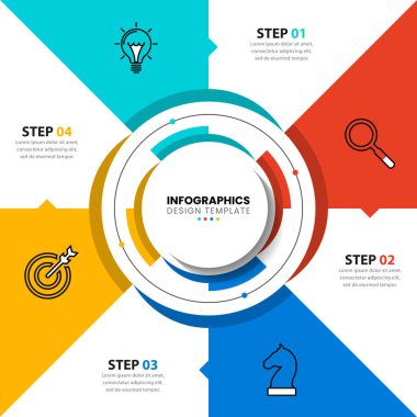 Infographic tasarım şablonu. Dört adımlı yaratıcı bir kavram. İş akışı düzeni, diyagram, pankart, web tasarımı için kullanılabilir. Vektör illüstrasyonu