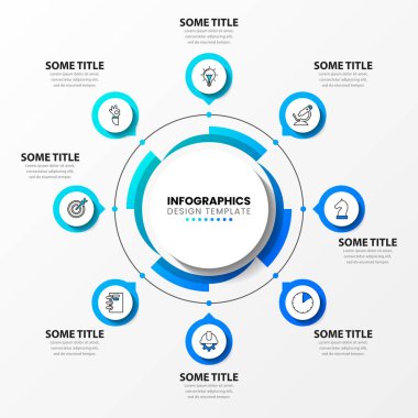 Infographic tasarım şablonu. 8 adımlı yaratıcı bir kavram. İş akışı düzeni, diyagram, pankart, web tasarımı için kullanılabilir. Vektör illüstrasyonu