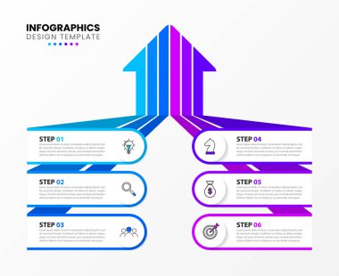 Infographic tasarım şablonu. 6 basamaklı yaratıcı bir kavram. İş akışı düzeni, diyagram, pankart, web tasarımı için kullanılabilir. Vektör illüstrasyonu