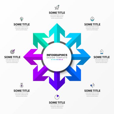 Infographic tasarım şablonu. 8 adımlı yaratıcı bir kavram. İş akışı düzeni, diyagram, pankart, web tasarımı için kullanılabilir. Vektör illüstrasyonu