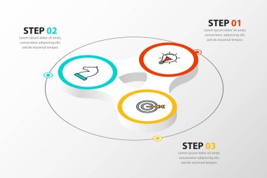 Infographic tasarım şablonu. Üç adımlı yaratıcı bir kavram. İş akışı düzeni, diyagram, pankart, web tasarımı için kullanılabilir. Vektör illüstrasyonu