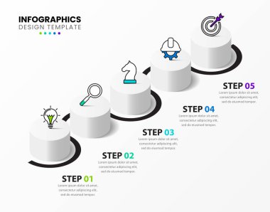 Infographic tasarım şablonu. 5 adımlı yaratıcı bir kavram. İş akışı düzeni, diyagram, pankart, web tasarımı için kullanılabilir. Vektör illüstrasyonu