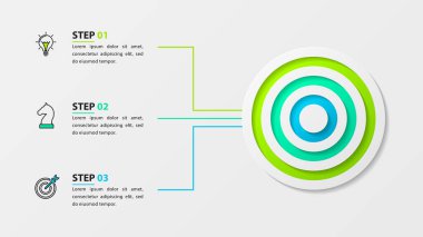 Infographic tasarım şablonu. Üç adımlı yaratıcı bir kavram. İş akışı düzeni, diyagram, pankart, web tasarımı için kullanılabilir. Vektör illüstrasyonu