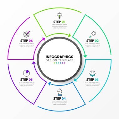 Infographic tasarım şablonu. 6 basamaklı yaratıcı bir kavram. İş akışı düzeni, diyagram, pankart, web tasarımı için kullanılabilir. Vektör illüstrasyonu