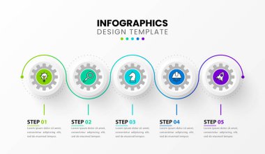 Infographic tasarım şablonu. 5 adımlı yaratıcı bir kavram. İş akışı düzeni, diyagram, pankart, web tasarımı için kullanılabilir. Vektör illüstrasyonu