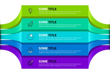 Infographic tasarım şablonu. 5 adımlı yaratıcı bir kavram. İş akışı düzeni, diyagram, pankart, web tasarımı için kullanılabilir. Vektör illüstrasyonu